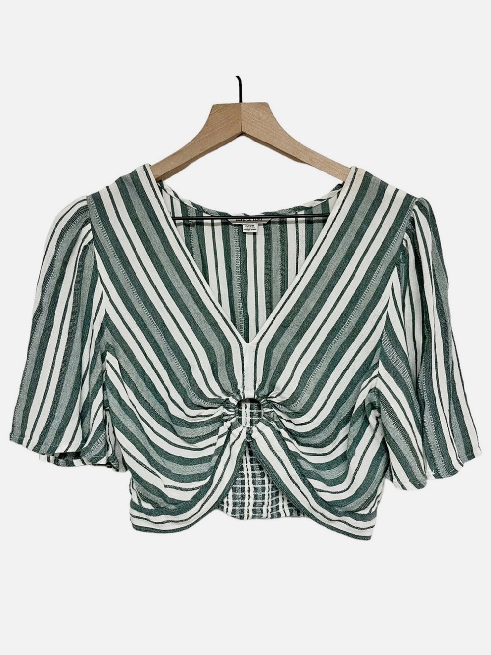 4 for $30- American Eagle Green White Striped Tie Crop Top Flutter Sleeves